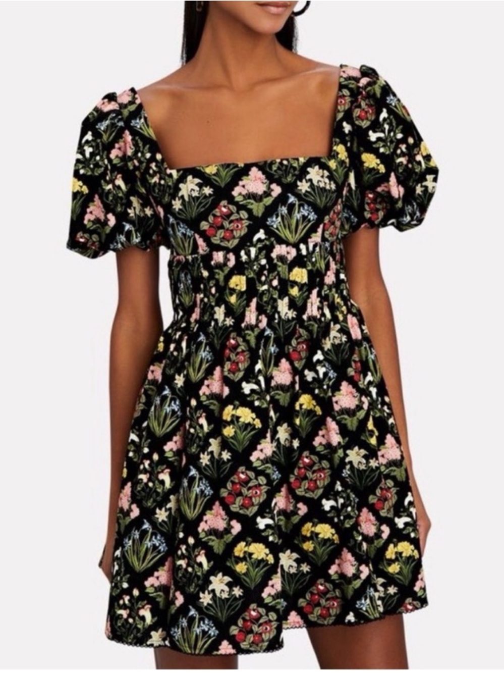 Agua by Agua Bendita Black Floral Puff Sleeve Square Neck Mini Dress